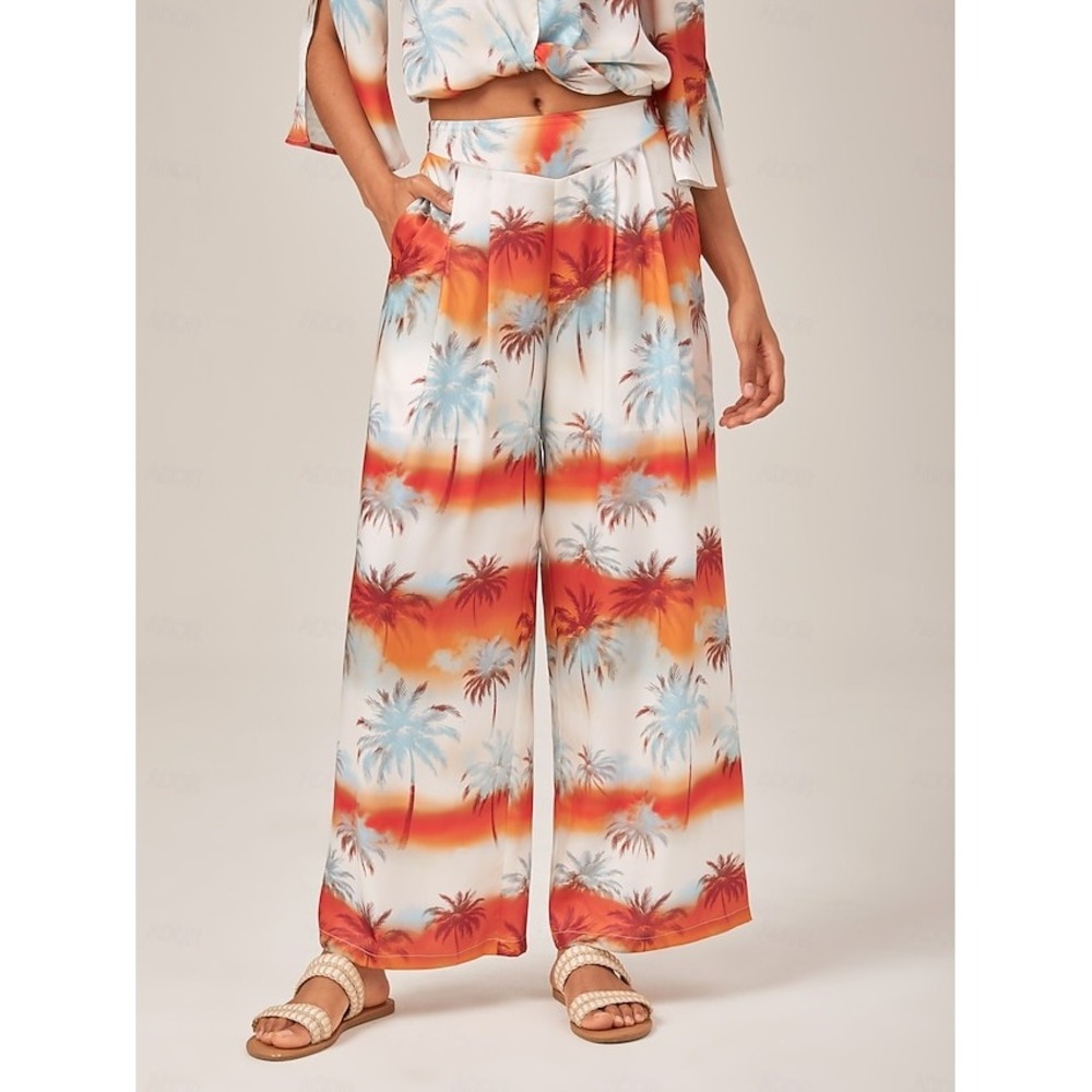 Ador Summer Floral Gradient Wideleg Trousers Orange Palm Tree Tropical Large NWT